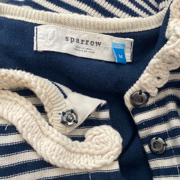 Anthro Sparrow Navy Striped Crochet Knit Detail Snap Cardigan Sweater - Picture 8 of 11